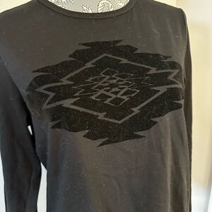 LRL Women’s Black long Sleeve Blouse Velvet Aztec Design. 100% Cotton. Large.